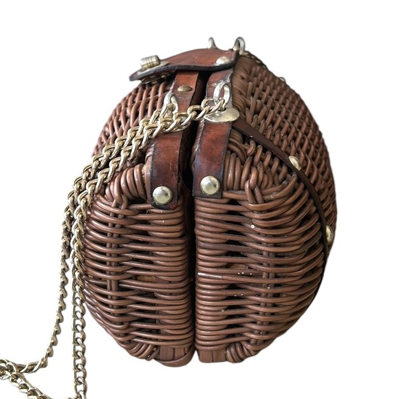 Vintage Brown Wicker Leather Silver Double Chain Strap Barrel Shaped Bag Clutch - Picture 9 of 13